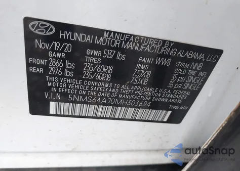 2021 Hyundai Santa Fe Sel from USA, damaged, VIN 5NMS64AJ0MH303694